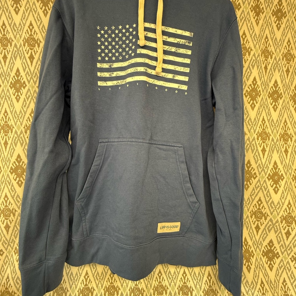 Life is Good Blue Hoodie with Flag Design